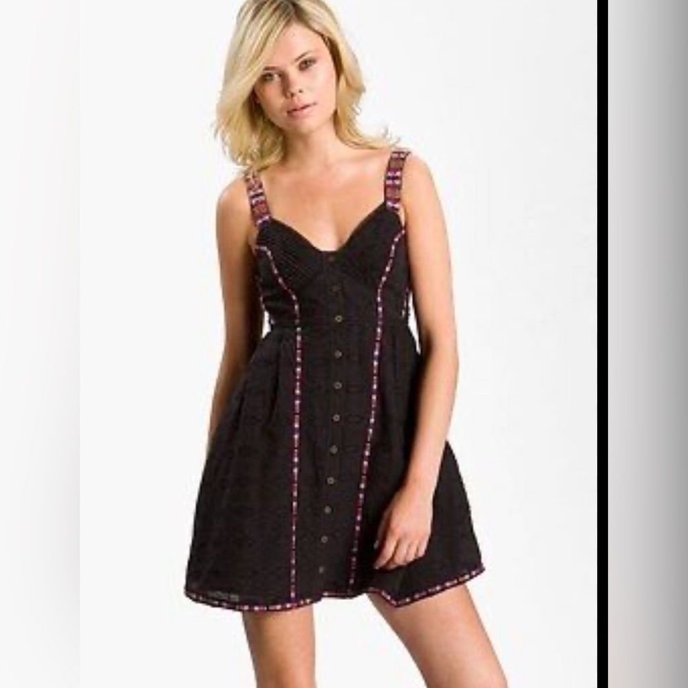 NWT Free People (New Romantics) Black Button Front Dress w/Embroidery Sz M